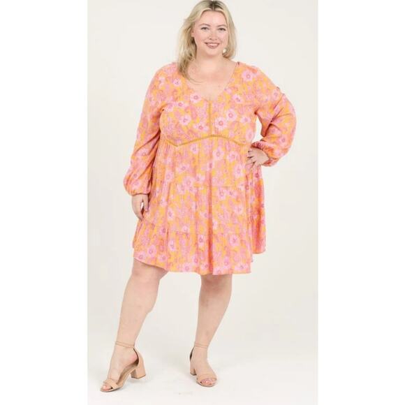 Romantic Gypsy Orange Pink Floral Long Sleeve V-Neck Rayon Flowy Boho Dress 4X - Picture 3 of 9